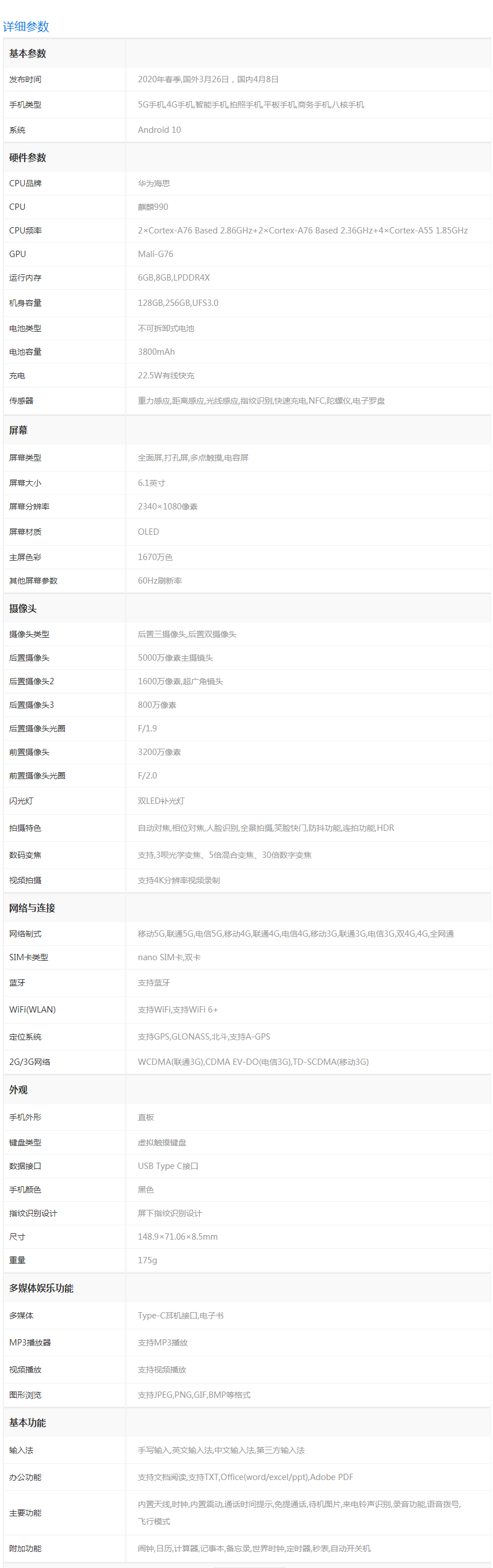 华为p40参数配置有哪些