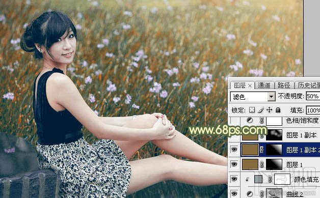 如何用Photoshop CC给草地上的美女加上古典暗调青黄色