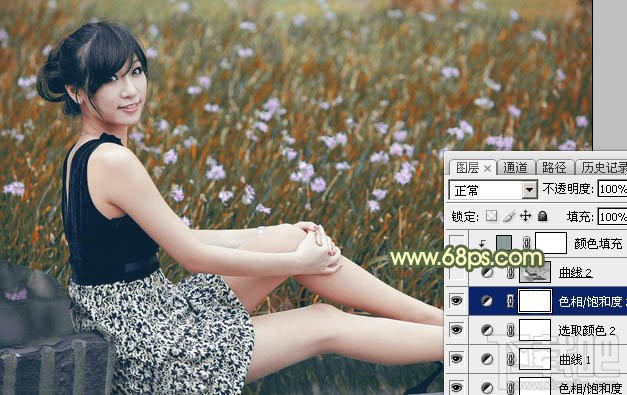 如何用Photoshop CC给草地上的美女加上古典暗调青黄色