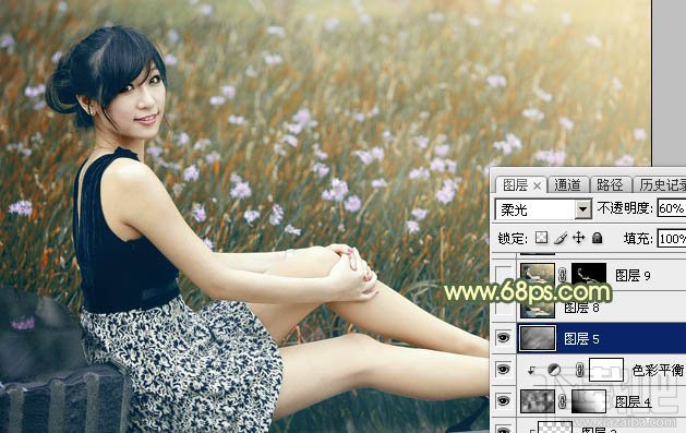 如何用Photoshop CC给草地上的美女加上古典暗调青黄色