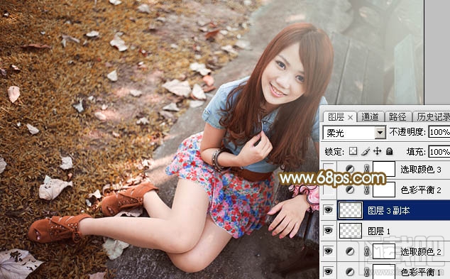 如何用Photoshop CC给长凳边的美女加上秋季暖褐色