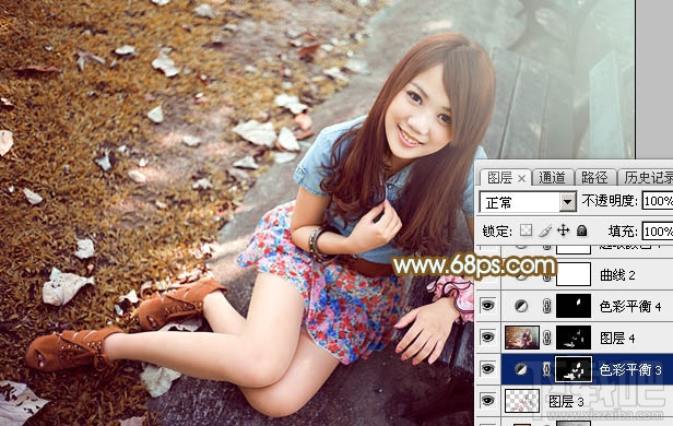 如何用Photoshop CC给长凳边的美女加上秋季暖褐色