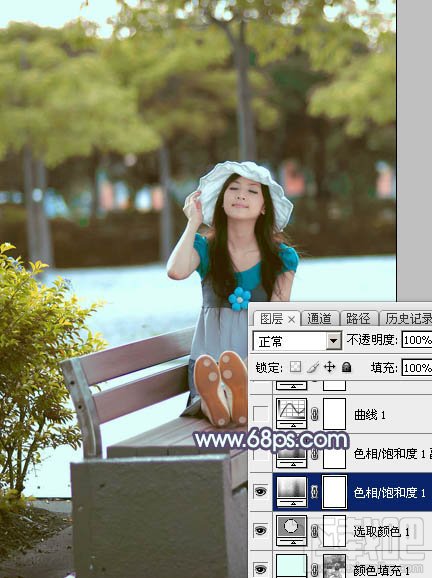 如何用Photoshop CC给外景美女加上韩系秋季粉蓝色